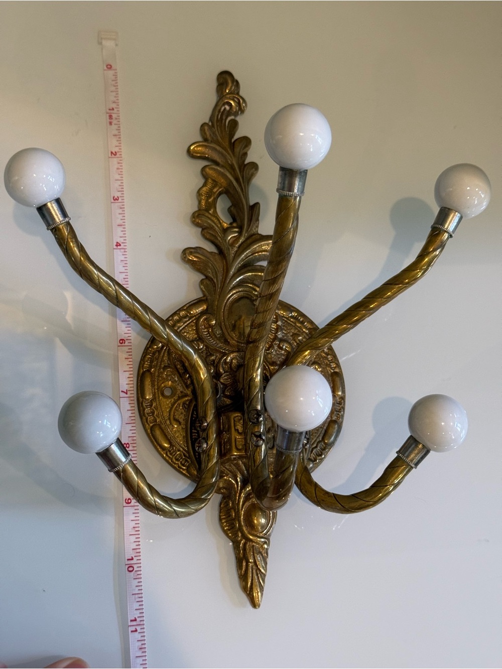 Vintage Brass Wall Hook Rack with White Ceramic Knobs - Picture 4 of 10